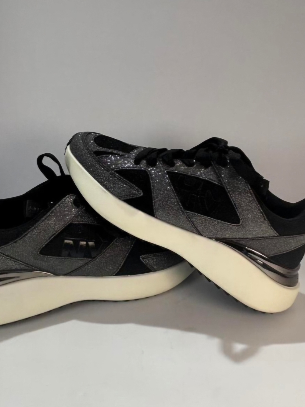 DKNY Black and Silver Glitter Platform Sneakers